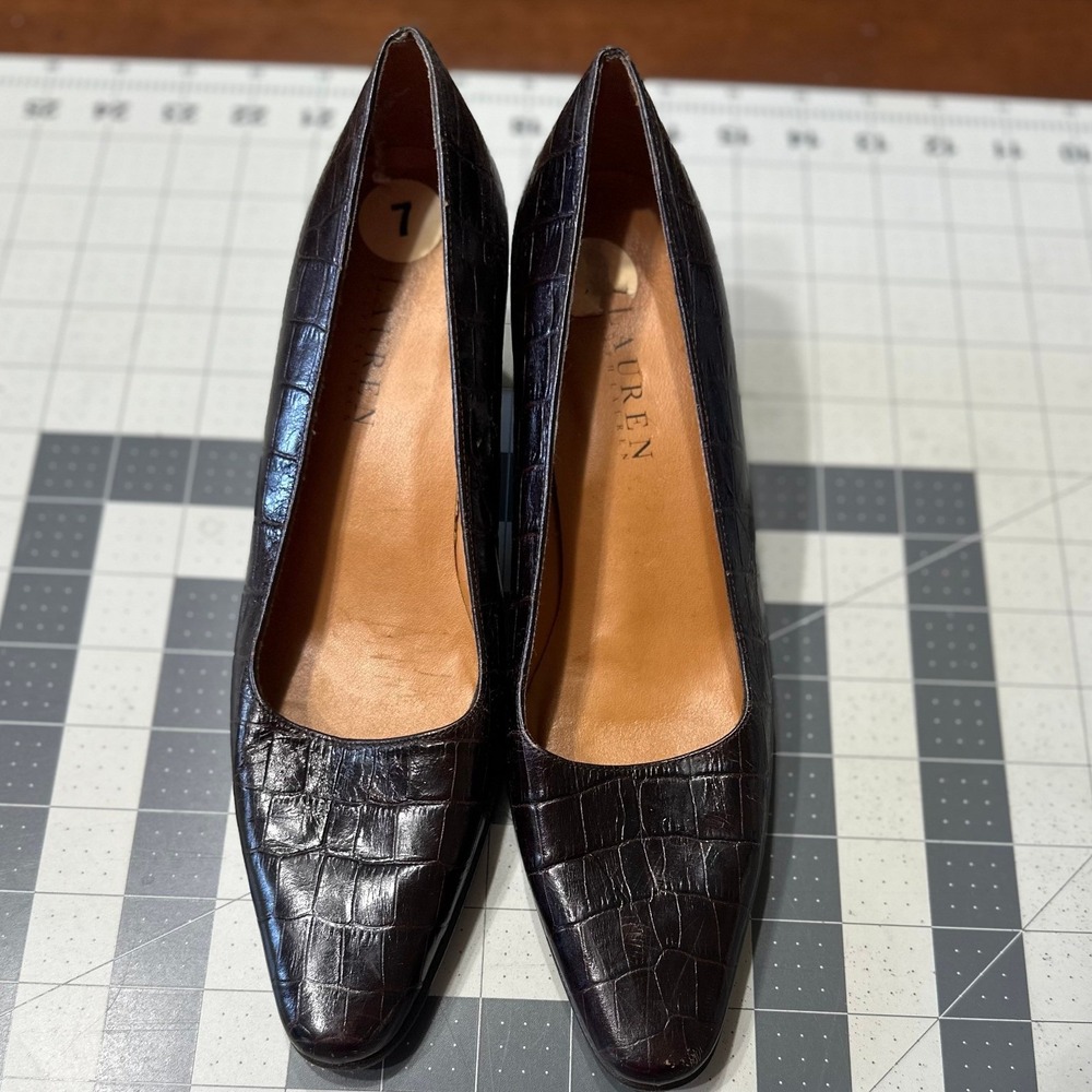 Lauren Ralph Lauren VTGE Pumps Size.7B Brown Croc Embossed Leather Block Heel - Picture 3 of 8